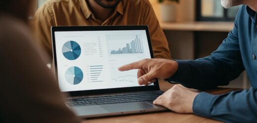 Two consultants reviewing data visualizations on a laptop during a strategy session about AI enablement services