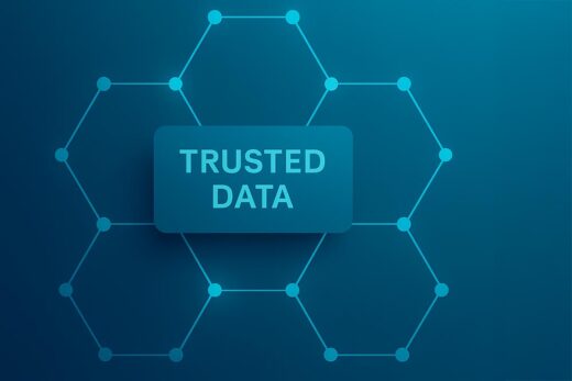 Abstract blue-teal hexagon network representing trusted data connections, symbolizing FSFP’s data governance consulting services and foundation for reliable, AI-ready data.