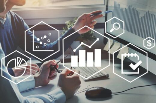 Consultants reviewing dashboards and analytics as part of data quality and ongoing data observability, overlaid icons showing metrics measurement