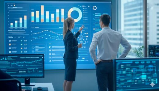 Consultants reviewing enterprise data management dashboards, analyzing governance, data quality, integration and performance metrics.