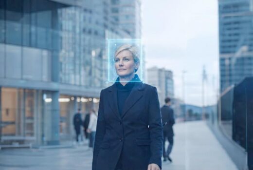 Business professional woman with facial recognition overlay illustrating AI data quality, governance oversight.