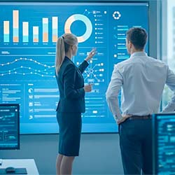 Consultants reviewing enterprise data management dashboards, analyzing governance, data quality, integration and performance metrics.