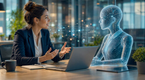 professional collaborating with AI coworker representing ai governance consulting services and human AI decision partnership