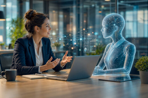 professional collaborating with AI coworker representing ai governance consulting services and human AI decision partnership