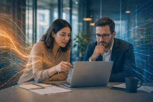two professionals collaborating on a laptop with abstract overlays representing balance in ai governance consulting services