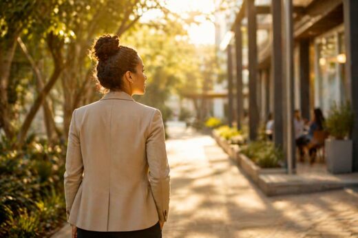 professional walking forward on a sunlit path representing starting a structured AI governance journey