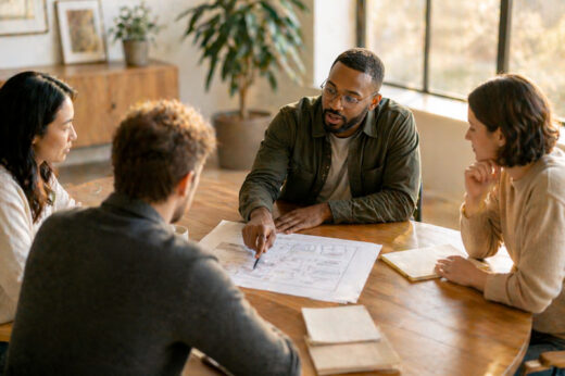 diverse team collaborating around a table reviewing a framework representing ai governance consulting services and structured decision-making